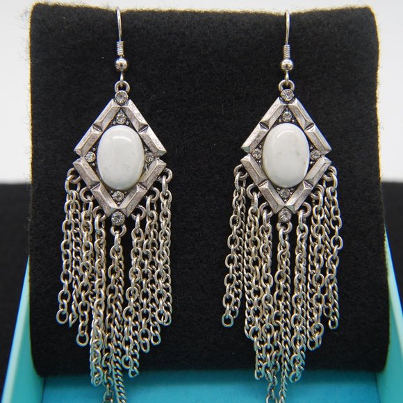 Very Nice Cream Colored Round Stone Encrusted with Dangle Chain Earrings - Picture 3 of 4